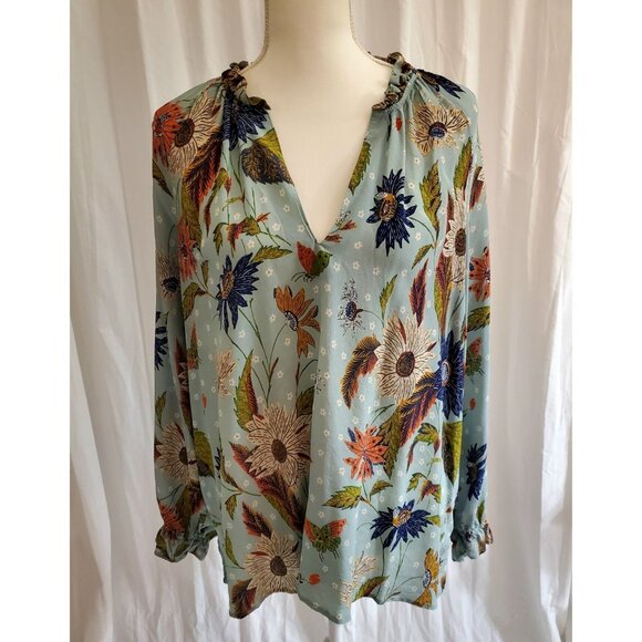 Spartina 449 Silk Josette Blouse Feathers & Butterflies Sheer Size 2XL Autumn - Picture 2 of 16